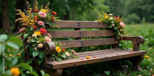 Wooden bench adorned with dried flowers and greenery, greenery, wooden bench