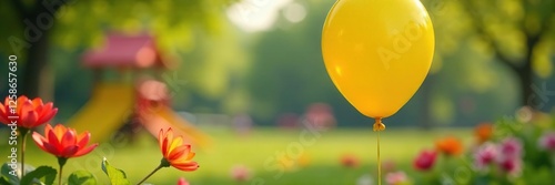 Yellow glossy balloon in a colorful park scene, playground, flowers