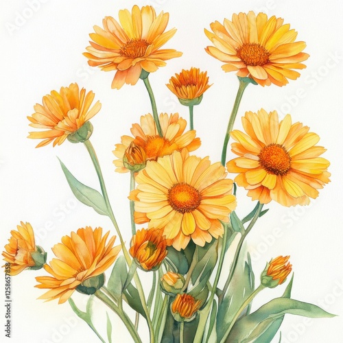 Vibrant Yellow Orange Marigold Bouquet Watercolor Painting