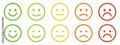 Five colorful emoji faces representing a satisfaction rating scale from happy to sad, used for feedback and surveys.