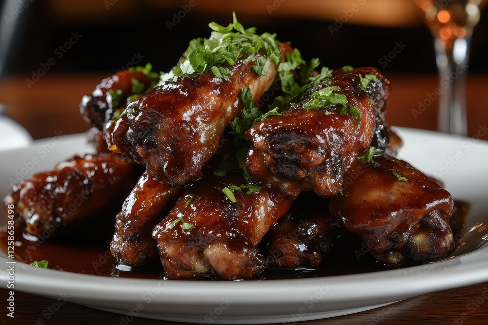 Deliciously glazed chicken wings piled high on a plate with fresh herbs in a vibrant indoor setting Deliciously glazed chicken wings piled high on a plate with fresh herbs in a vibrant indoor setting