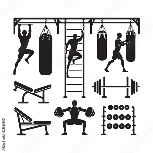 Minimalist gym equipment icons, black silhouettes on white background, fitness symbols