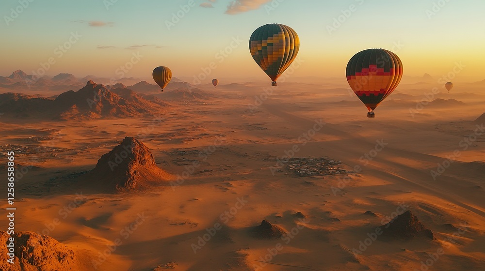 Hot Air Balloons Soaring Over Desert Mountains at Sunrise Hot Air Balloons Soaring Over Desert Mountains at Sunrise