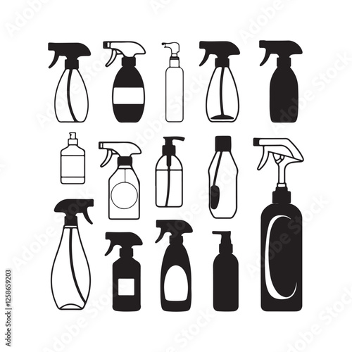 Silhouette cleaning bottles, spray bottles collection, minimalist household products 