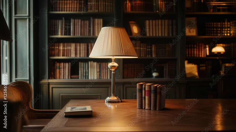 A warm lamp illuminates a wooden table, creating a cozy atmosphere in a quiet library filled with books. A warm lamp illuminates a wooden table, creating a cozy atmosphere in a quiet library filled with books.