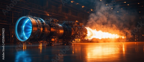 Jet Engine Test Firing with Blue Glow and Orange Flames in a Factory