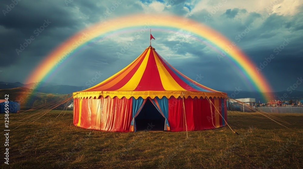 Brightly colored circus tent on a rainy day with a rainbow overhead Brightly colored circus tent on a rainy day with a rainbow overhead