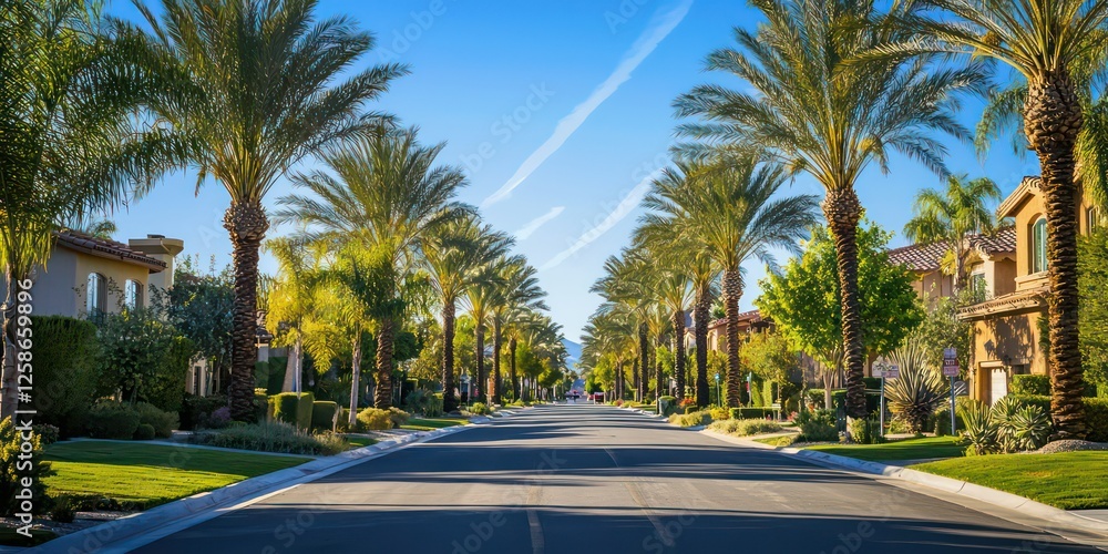 A sunlit street lined with palm trees and a clear blue sky in a California town. A sunlit street lined with palm trees and a clear blue sky in a California town.