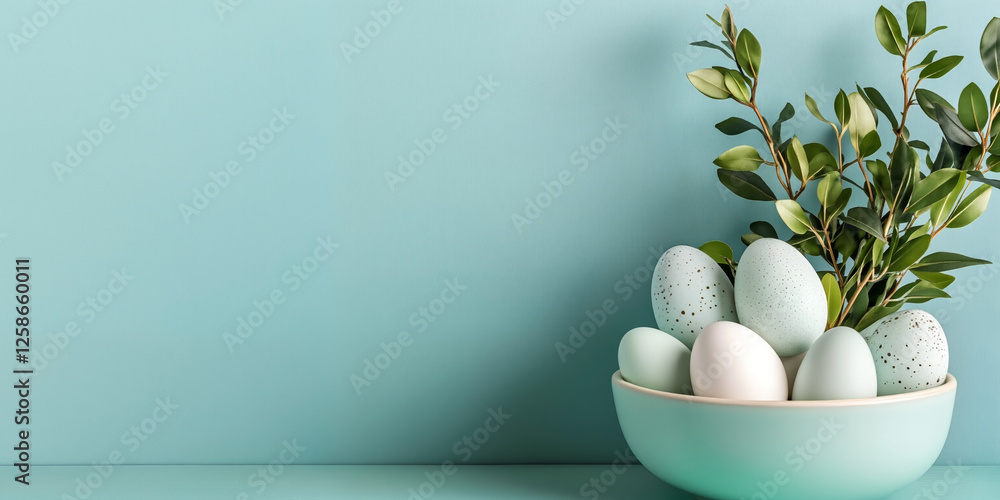 Fototapeta premium Painted Easter eggs in blue bowl with leafy branch on light blue backdrop. Spring holiday decoration. Background, banner for design, card with copy space.