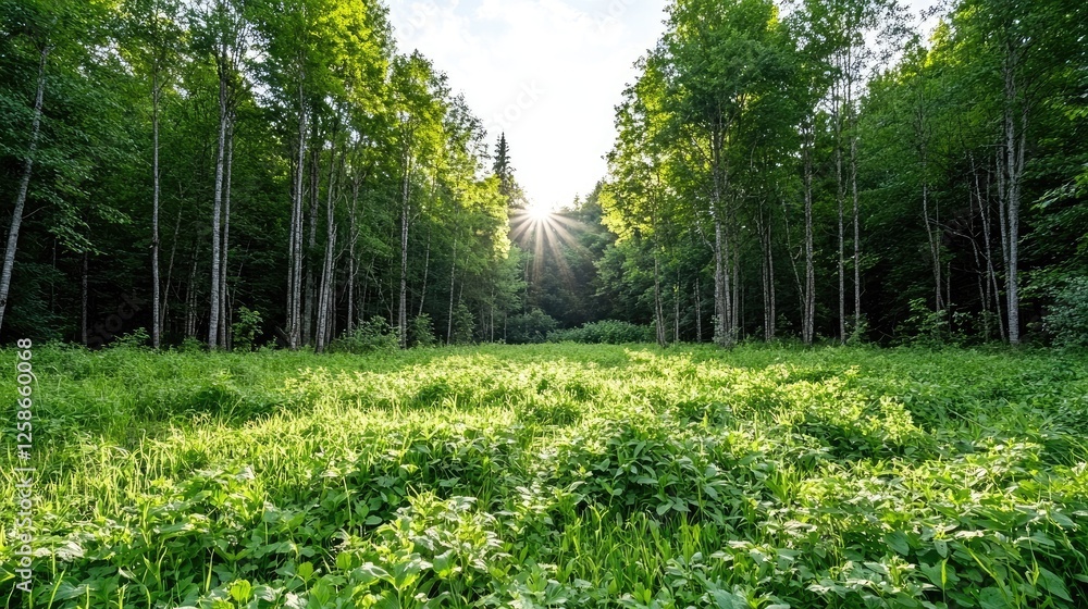 Sunlit forest clearing, green meadow, trees, summer