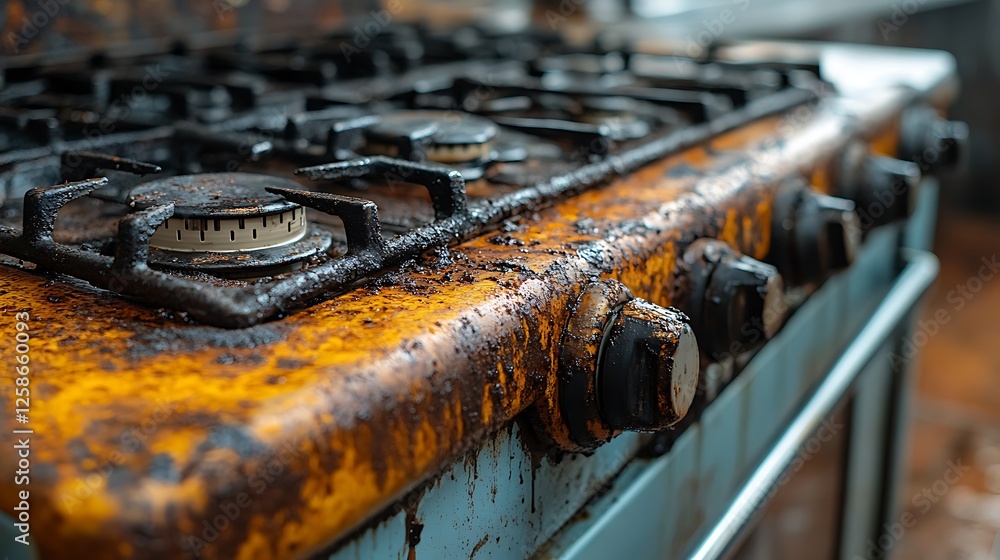 Grease-covered stove knobs in a poorly maintained commercial kitchen Grease-covered stove knobs in a poorly maintained commercial kitchen