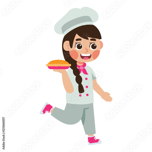Smiling girl in a chef hat holding a pie, perfect for food blogs, baking classes, cooking schools, recipe book covers