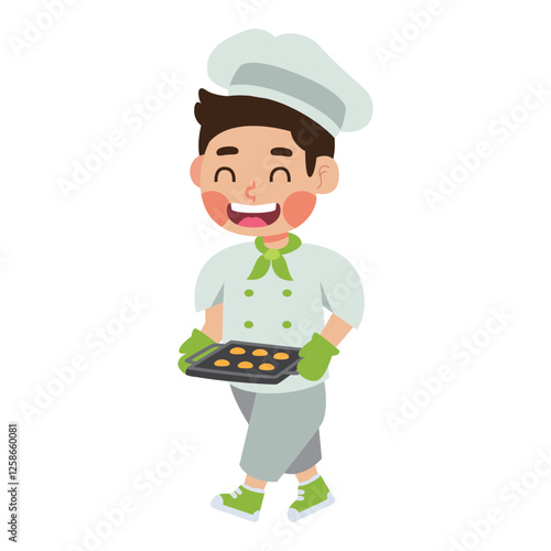 Smiling chef walking with tray of cookies. Suitable for culinary blogs, bakery promotions, cooking classes, or food related designs