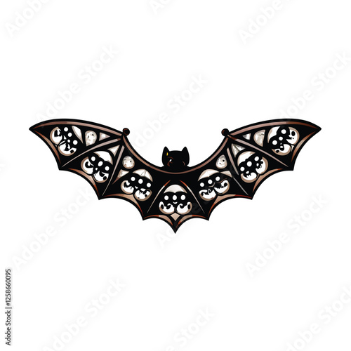 Design a stylized bat illustration featuring intricate, small skull patterns delicately etched onto its wings; emphasize gothic aesthetic.