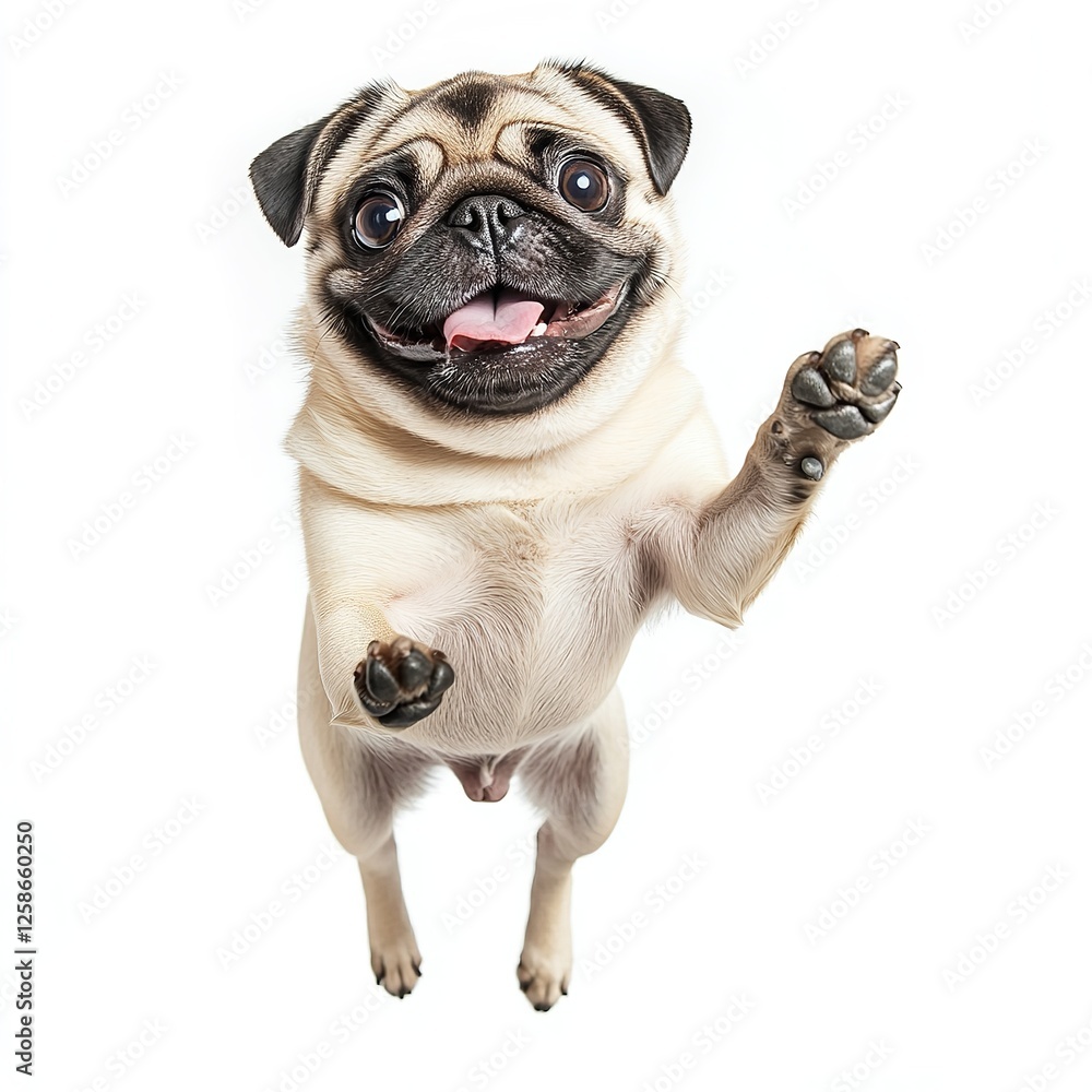 Adorable Happy Pug Dog Jumping Paws Up Playful Pet Animal Funny Canine Portrait White Background Studio Shot Cheerful Expression Doggy Cute Love Puppy Adorable Happy Pug Dog Jumping Paws Up Playful Pet Animal Funny Canine Portrait White Background Studio Shot Cheerful Expression Doggy Cute Love Puppy