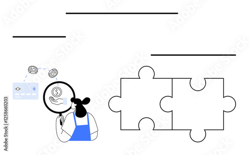 Businesswoman examining financial elements with magnifying glass, analyzing money and coin symbols. Large puzzle pieces connected. Ideal for finance strategy, problem-solving, analysis, planning