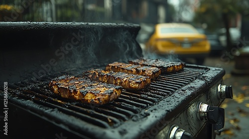 Food residue crusted onto a neglected grill with burnt stains photo