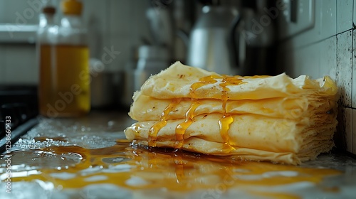 Filthy kitchen rags left on a counter soaked in oil and sauce stains
