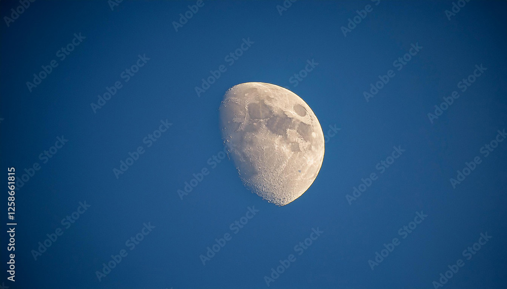 a partial moon sphere with seen craters movements across the blue sky after sunset a partial moon sphere with seen craters movements across the blue sky after sunset