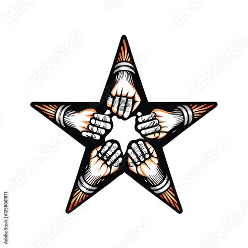 Design a group of diverse people forming a five-pointed star, radiating outward from a central point.  Illustrate unity and connection.