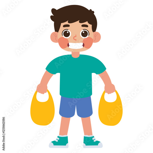 Smiling boy holding two yellow bags. Suitable for shopping, retail, happiness, kids fashion, or back to school campaigns. Cheerful and vibrant image