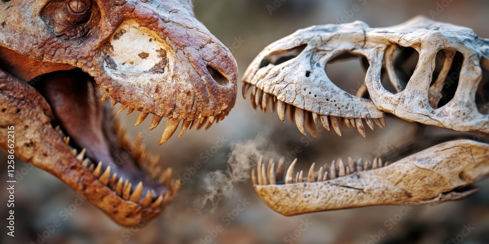 Dinosaur fossil face-off: t. rex and allosaurus skeletons in confrontation. Fossil Fools Day Dinosaur fossil face-off: t. rex and allosaurus skeletons in confrontation. Fossil Fools Day