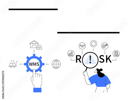 Finger interacts with WMS gear linking warehouse, truck, and globe person magnifies RISK icons for analysis. Ideal for logistics, safety, supply chain, operations, monitoring, risk strategy abstract