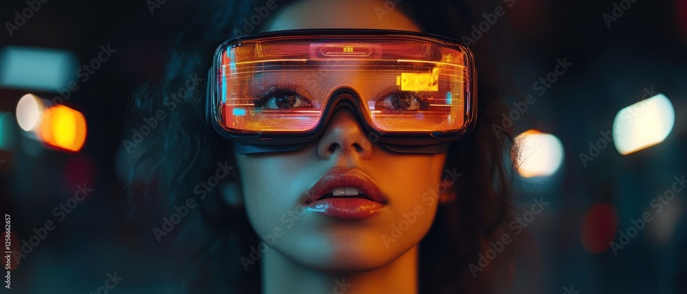 Woman with Futuristic Glasses in Neon Lights Woman with Futuristic Glasses in Neon Lights