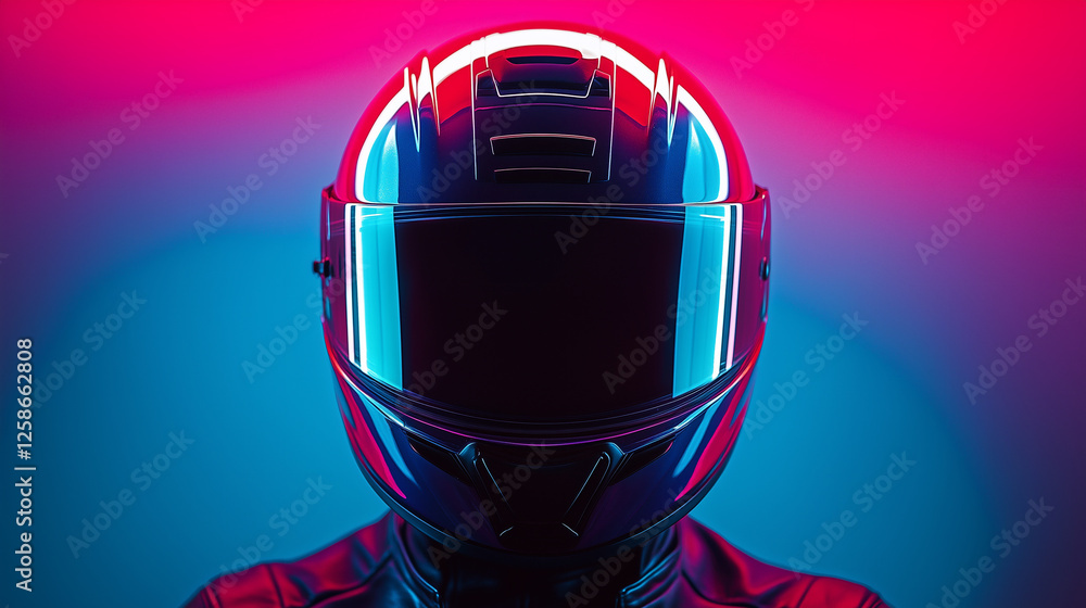 Obraz premium Helmeted racer stands against a vibrant, illuminated background showcasing artistry in motorsport