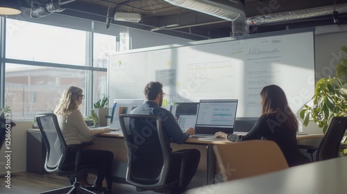 Three individuals are seated at a table, each working on their own computer, engaged in a collaborative or focused task.
