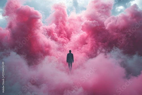 Surreal Landscape Man Walking Through Pink Smoke Clouds Dreamlike Atmosphere Abstract Art