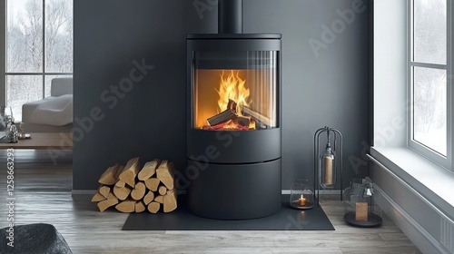 Modern Cylindrical Wood Burning Stove Fireplace Warm Home Interior Design