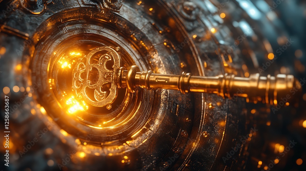 Shiny golden key halfway inserted into an antique vault door intricate discount symbols glowing around it Shiny golden key halfway inserted into an antique vault door intricate discount symbols glowing around it