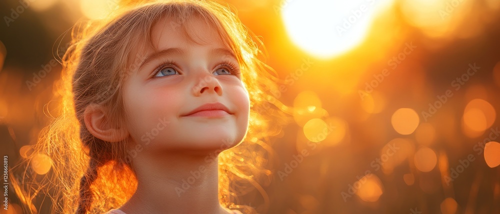Fototapeta premium Young Girl Gazing Upwards at a Golden Sunset