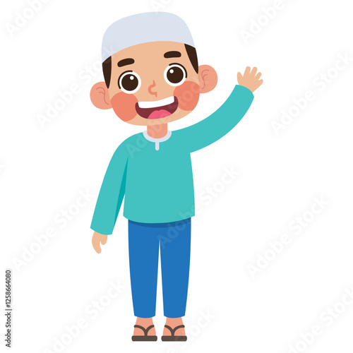 Smiling Muslim boy waving sparkles joy and diversity in educational materials, cultural awareness campaigns, and family oriented designs