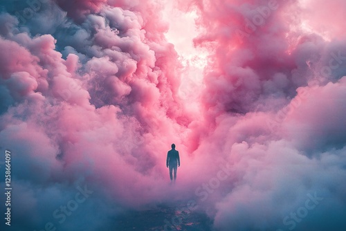 Surreal Pink and Blue Cloudscape Man Walking Towards Light in Dreamlike Atmosphere