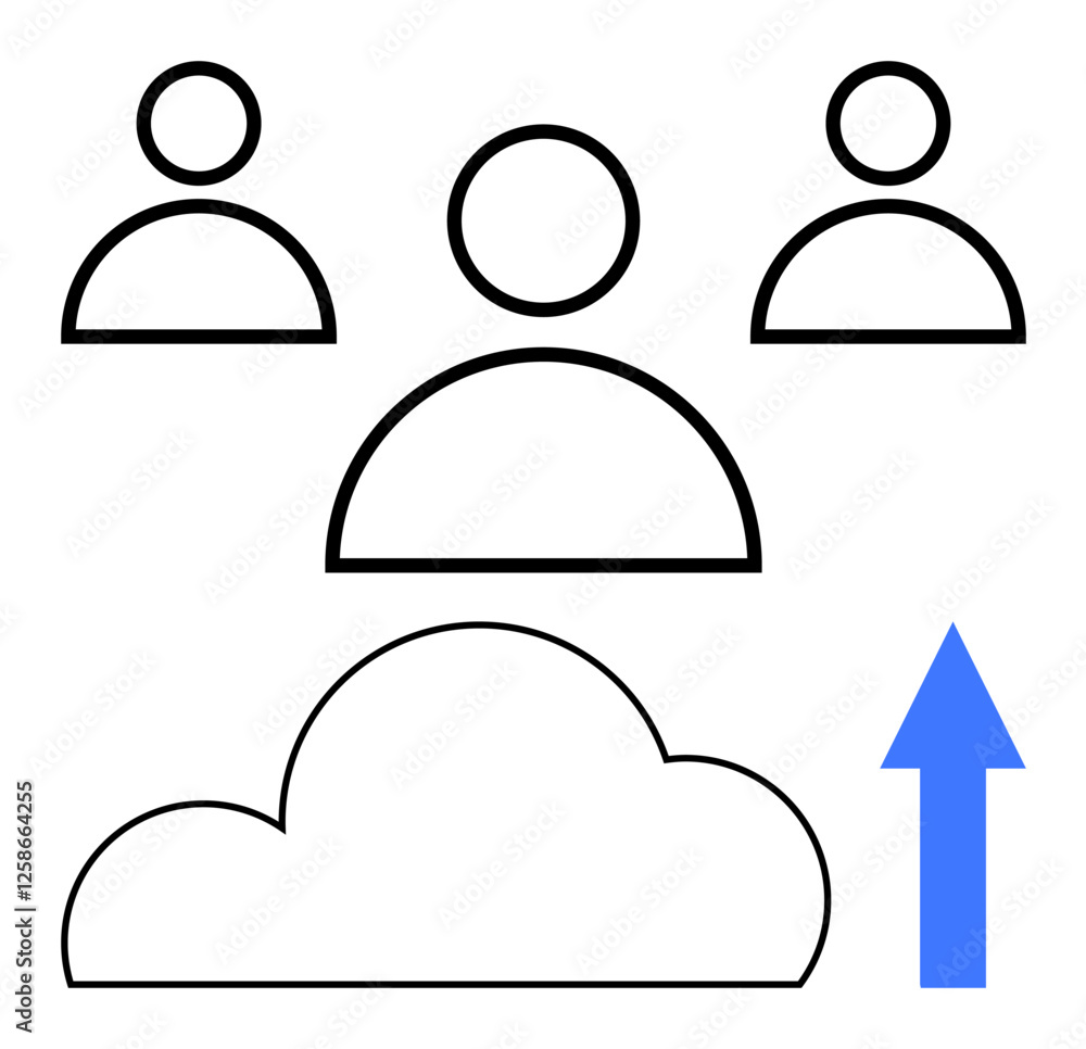 User icons, cloud shape, and upward arrow highlight cloud storage and teamwork concepts. Ideal for cloud computing, data backup, remote collaboration, digital sharing, networking, business growth