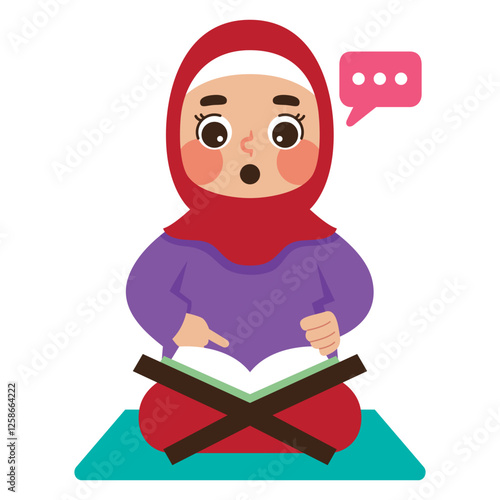 Girl absorbed in reading quran on prayer mat. Ideal for educational materials, religious content, book related designs, and meditation themed resources