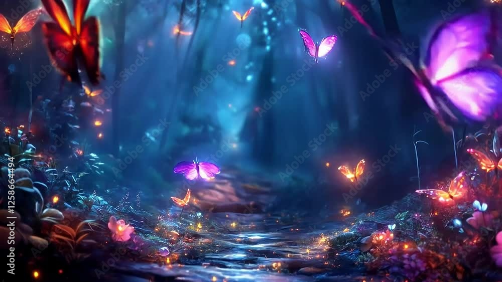 Glowing butterflies fly forest path, fantasy background Glowing butterflies fly forest path, fantasy background
