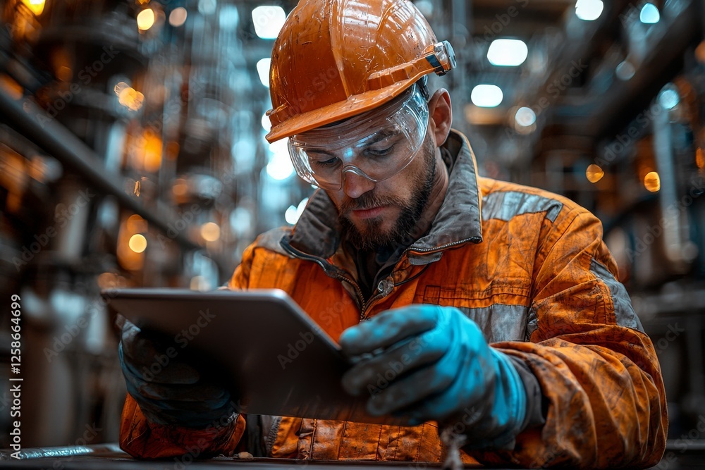 A young white man in a protective outfit uses a tablet as he stands in the heating plant A young white man in a protective outfit uses a tablet as he stands in the heating plant