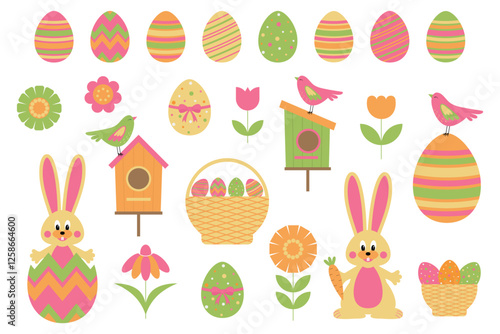 Set of Easter elements. Spring collection with rabbit, birds, birdhouse, flowers and eggs. Vector illustration.