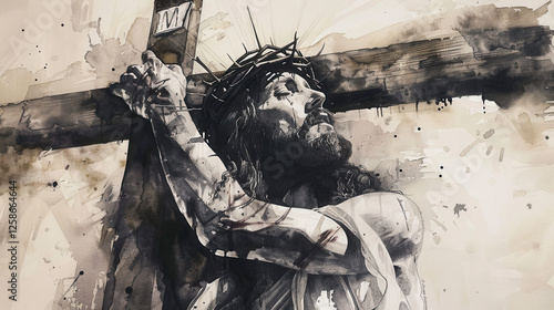Watercolor painting of Jesus Christ carrying the cross with delicate beige shading and soft brush strokes  
