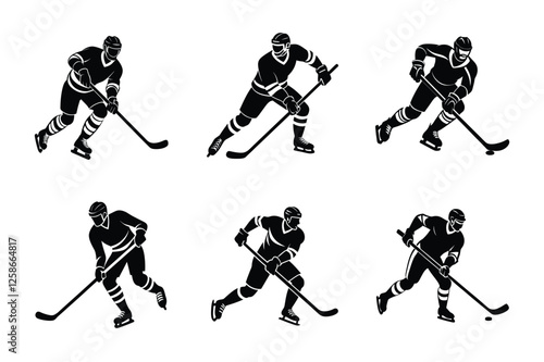 Dynamic Ice Hockey Player Silhouette Set – High-Quality Vector for Sports Design, Logos, and Team Branding
