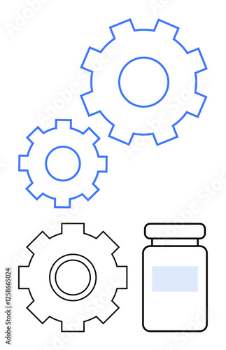 Two interconnected gears symbolize process or collaboration a medicine bottle represents healthcare and science. Ideal for healthcare, technology, innovation, teamwork, medicine, pharmaceutical