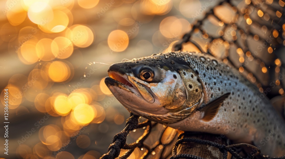 A beautiful brown trout rests in a net, with warm golden sunlight shimmering off the water in the background, creating a peaceful atmosphere at dusk. A beautiful brown trout rests in a net, with warm golden sunlight shimmering off the water in the background, creating a peaceful atmosphere at dusk.