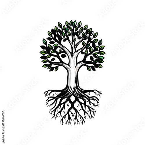 Design a stylized tree whose roots intertwine and connect to form a continuous, intricate network below ground.  Illustrate the seamless transition from roots to network.