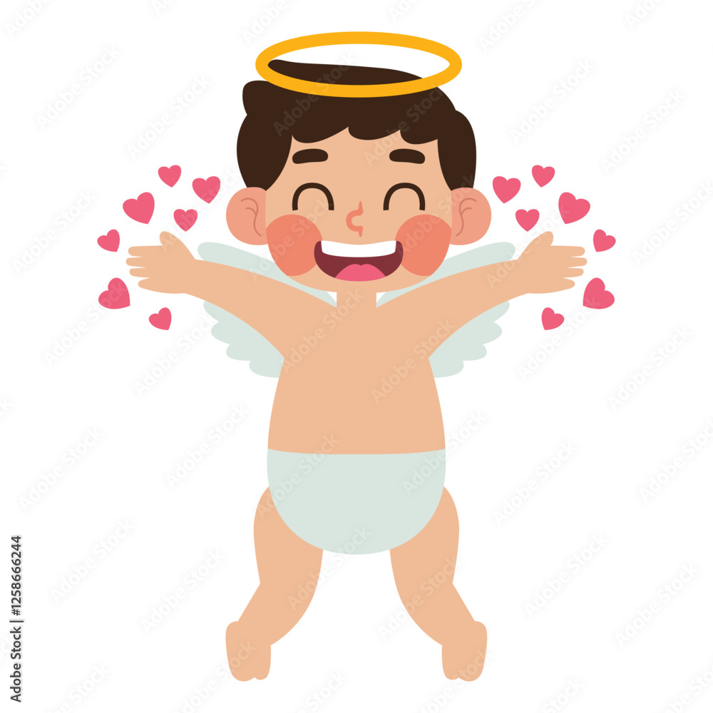 Happy baby cupid with wings embraces pink hearts, perfect for Valentines Day designs, romantic themes, greeting cards, and love themed projects Happy baby cupid with wings embraces pink hearts, perfect for Valentines Day designs, romantic themes, greeting cards, and love themed projects