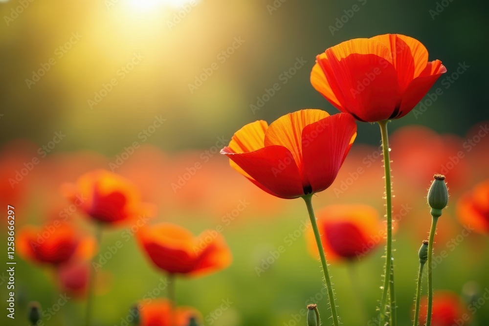 Vibrant red, orange poppies bloom in spring sunlight , plant, background Vibrant red, orange poppies bloom in spring sunlight , plant, background