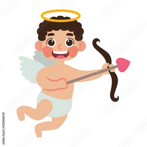Cute cartoon cupid aiming his bow and arrow. Perfect for Valentines Day cards, romantic designs, love themed illustrations, and greeting cards