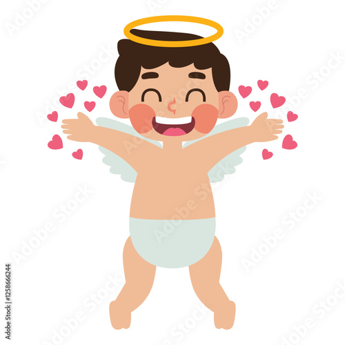 Happy baby cupid with wings embraces pink hearts, perfect for Valentines Day designs, romantic themes, greeting cards, and love themed projects